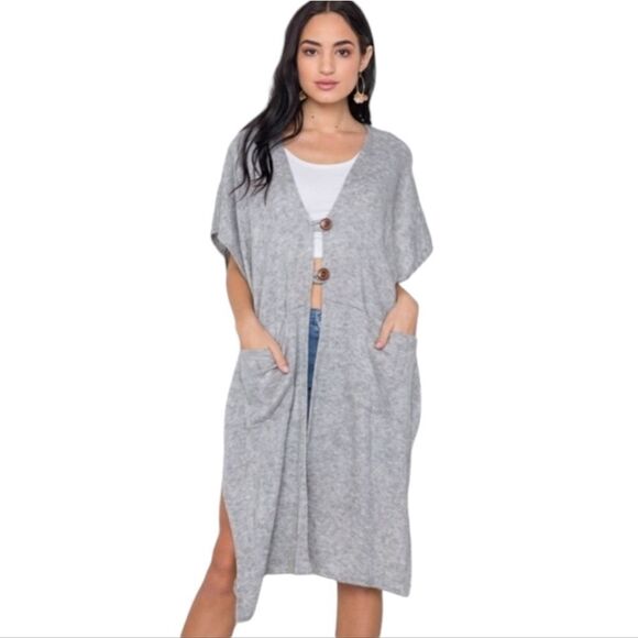 J Robert's Gray Knit Side Tie Button Up Smock Cardigan M/L - Picture 1 of 16